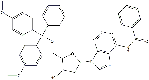 N-[9-(5-{[bis(4-methoxyphenyl)(phenyl)methoxy]methyl}-4-hydroxytetrahydrofuran-2-yl)-9H-purin-6-yl]benzamide Struktur