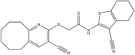 2-[(3-cyano-5,6,7,8,9,10-hexahydrocycloocta[b]pyridin-2-yl)sulfanyl]-N-(3-cyano-4,5,6,7-tetrahydro-1-benzothiophen-2-yl)acetamide Struktur
