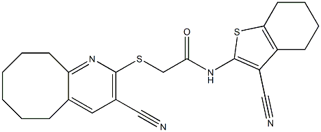 2-[(3-cyano-5,6,7,8,9,10-hexahydrocycloocta[b]pyridin-2-yl)sulfanyl]-N-(3-cyano-4,5,6,7-tetrahydro-1-benzothiophen-2-yl)acetamide 结构式