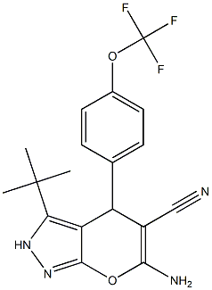 6-amino-3-(tert-butyl)-4-[4-(trifluoromethoxy)phenyl]-2,4-dihydropyrano[2,3-c]pyrazole-5-carbonitrile,,结构式