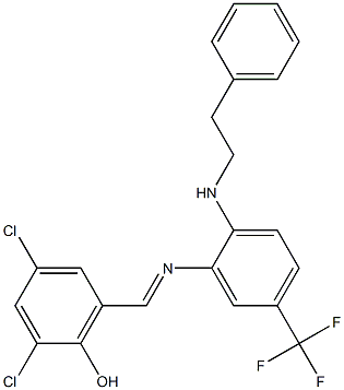2,4-dichloro-6-({[2-(phenethylamino)-5-(trifluoromethyl)phenyl]imino}methyl)phenol Struktur