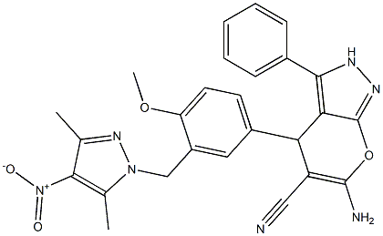 6-amino-4-{3-[(3,5-dimethyl-4-nitro-1H-pyrazol-1-yl)methyl]-4-methoxyphenyl}-3-phenyl-2,4-dihydropyrano[2,3-c]pyrazole-5-carbonitrile Structure