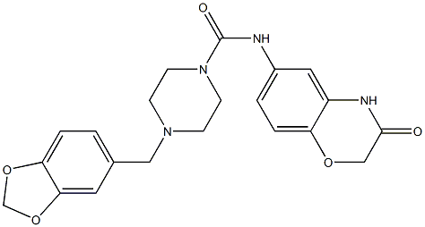 4-(1,3-benzodioxol-5-ylmethyl)-N-(3-oxo-3,4-dihydro-2H-1,4-benzoxazin-6-yl)tetrahydro-1(2H)-pyrazinecarboxamide 化学構造式