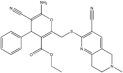 ethyl 6-amino-5-cyano-2-{[(3-cyano-6-methyl-5,6,7,8-tetrahydro[1,6]naphthyridin-2-yl)sulfanyl]methyl}-4-phenyl-4H-pyran-3-carboxylate Struktur