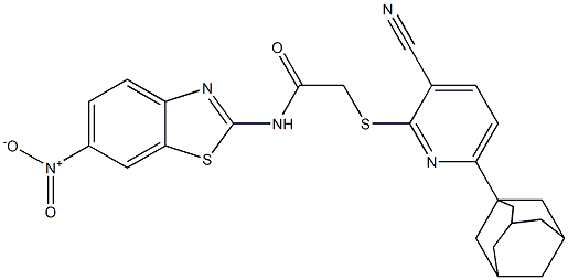 2-{[6-(1-adamantyl)-3-cyano-2-pyridinyl]sulfanyl}-N-(6-nitro-1,3-benzothiazol-2-yl)acetamide,,结构式