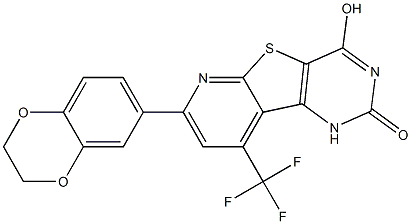 7-(2,3-dihydro-1,4-benzodioxin-6-yl)-4-hydroxy-9-(trifluoromethyl)pyrido[3',2':4,5]thieno[3,2-d]pyrimidin-2(1H)-one 化学構造式