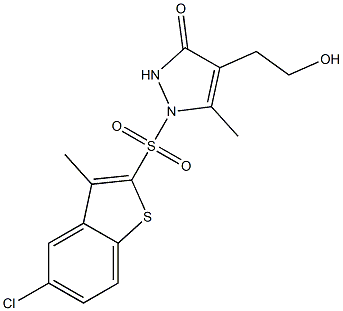 1-[(5-chloro-3-methyl-1-benzothiophen-2-yl)sulfonyl]-4-(2-hydroxyethyl)-5-methyl-1,2-dihydro-3H-pyrazol-3-one 化学構造式