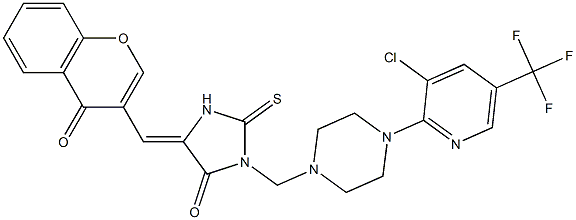 3-({4-[3-chloro-5-(trifluoromethyl)-2-pyridinyl]piperazino}methyl)-5-[(4-oxo-4H-chromen-3-yl)methylene]-2-thioxotetrahydro-4H-imidazol-4-one 化学構造式