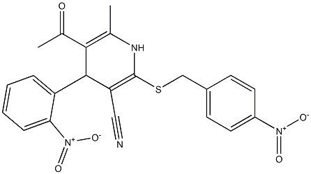 5-acetyl-6-methyl-2-[(4-nitrobenzyl)sulfanyl]-4-(2-nitrophenyl)-1,4-dihydro-3-pyridinecarbonitrile Struktur