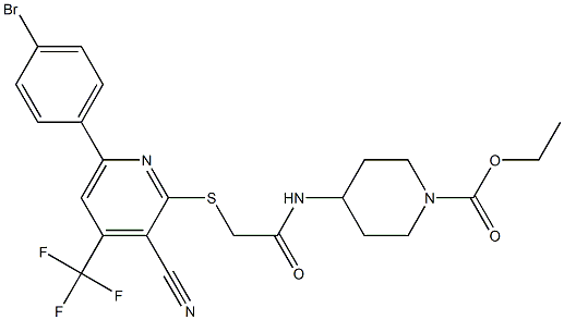 ethyl 4-[(2-{[6-(4-bromophenyl)-3-cyano-4-(trifluoromethyl)-2-pyridinyl]sulfanyl}acetyl)amino]tetrahydro-1(2H)-pyridinecarboxylate 化学構造式