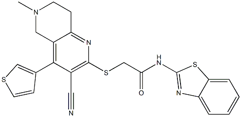 N-(1,3-benzothiazol-2-yl)-2-{[3-cyano-6-methyl-4-(3-thienyl)-5,6,7,8-tetrahydro[1,6]naphthyridin-2-yl]sulfanyl}acetamide 化学構造式