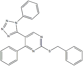 2-(benzylthio)-4-phenyl-5-(1-phenyl-1H-1,2,3,4-tetraazol-5-yl)pyrimidine,,结构式