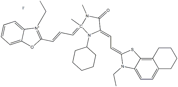 2-[3-(1-CYCLOHEXYL-2,3-DIMETHYL-5-[2-(3-ETHYL-6,7,8,9-TETRAHYDRONAPHTHO[2,1-D]-2-THIAZOLYLIDENE)ETHYLIDENE]-4-OXO-2-IMIDAZOLIDINYLIDENE)-1-PROPENYL]-3-ETHYLBENZOXAZOLIUM IODIDE Struktur