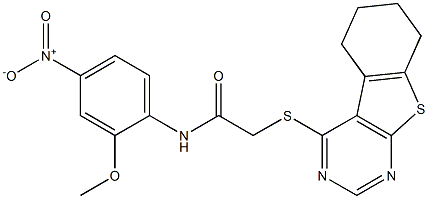 N-[4-nitro-2-(methyloxy)phenyl]-2-(5,6,7,8-tetrahydro[1]benzothieno[2,3-d]pyrimidin-4-ylsulfanyl)acetamide Struktur