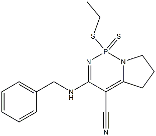 3-(benzylamino)-1-(ethylsulfanyl)-1,5,6,7-tetrahydropyrrolo[1,2-c][1,3,2]diazaphosphinine-4-carbonitrile 1-sulfide Struktur