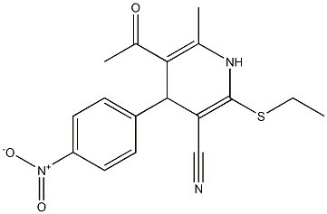 5-acetyl-2-(ethylsulfanyl)-4-{4-nitrophenyl}-6-methyl-1,4-dihydropyridine-3-carbonitrile Struktur