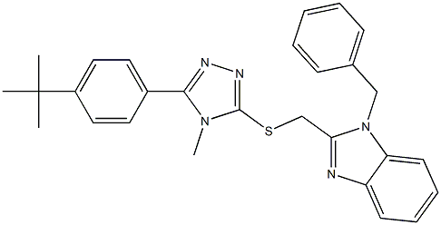 1-benzyl-2-({[5-(4-tert-butylphenyl)-4-methyl-4H-1,2,4-triazol-3-yl]sulfanyl}methyl)-1H-benzimidazole Struktur