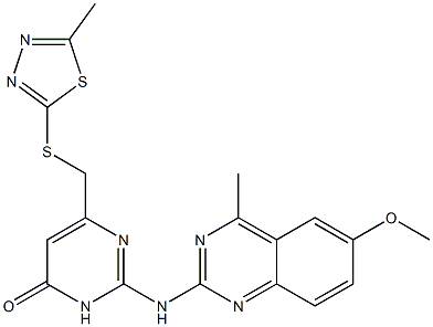 2-[(6-methoxy-4-methyl-2-quinazolinyl)amino]-6-{[(5-methyl-1,3,4-thiadiazol-2-yl)thio]methyl}-4(3H)-pyrimidinone 化学構造式