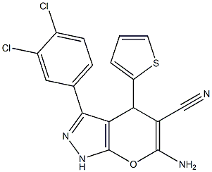 6-amino-3-(3,4-dichlorophenyl)-4-thien-2-yl-1,4-dihydropyrano[2,3-c]pyrazole-5-carbonitrile Struktur