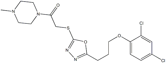 2,4-dichlorophenyl 3-(5-{[2-(4-methyl-1-piperazinyl)-2-oxoethyl]sulfanyl}-1,3,4-oxadiazol-2-yl)propyl ether 化学構造式