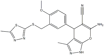 6-amino-4-(4-methoxy-3-{[(5-methyl-1,3,4-thiadiazol-2-yl)sulfanyl]methyl}phenyl)-3-methyl-1,4-dihydropyrano[2,3-c]pyrazole-5-carbonitrile 结构式