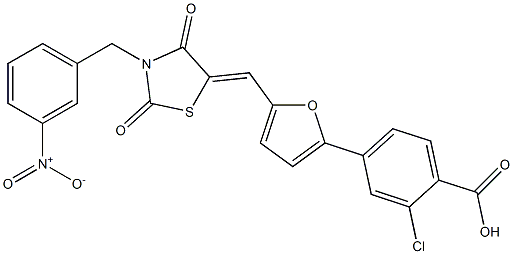 2-chloro-4-{5-[(3-{3-nitrobenzyl}-2,4-dioxo-1,3-thiazolidin-5-ylidene)methyl]-2-furyl}benzoic acid 化学構造式