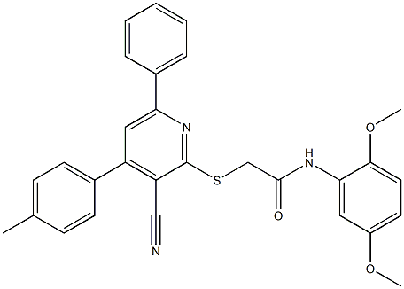 2-{[3-cyano-4-(4-methylphenyl)-6-phenyl-2-pyridinyl]sulfanyl}-N-(2,5-dimethoxyphenyl)acetamide 结构式