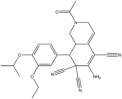 2-acetyl-6-amino-8-(3-ethoxy-4-isopropoxyphenyl)-2,3,8,8a-tetrahydro-5,7,7(1H)-isoquinolinetricarbonitrile 化学構造式