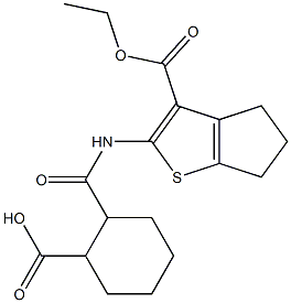 2-({[3-(ethoxycarbonyl)-5,6-dihydro-4H-cyclopenta[b]thien-2-yl]amino}carbonyl)cyclohexanecarboxylic acid 化学構造式
