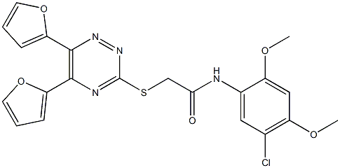 N-(5-chloro-2,4-dimethoxyphenyl)-2-{[5,6-di(2-furyl)-1,2,4-triazin-3-yl]sulfanyl}acetamide,,结构式