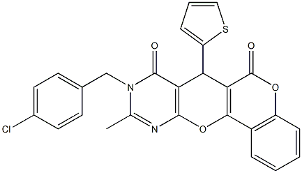 9-(4-chlorobenzyl)-10-methyl-7-thien-2-yl-7,9-dihydro-6H,8H-chromeno[3',4':5,6]pyrano[2,3-d]pyrimidine-6,8-dione Struktur