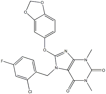 8-(1,3-benzodioxol-5-yloxy)-7-(2-chloro-4-fluorobenzyl)-1,3-dimethyl-3,7-dihydro-1H-purine-2,6-dione,,结构式