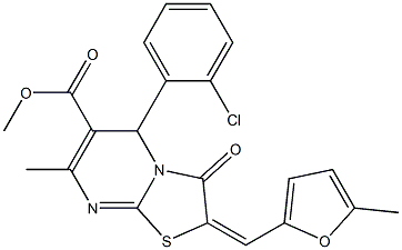 methyl 5-(2-chlorophenyl)-7-methyl-2-[(5-methyl-2-furyl)methylene]-3-oxo-2,3-dihydro-5H-[1,3]thiazolo[3,2-a]pyrimidine-6-carboxylate 化学構造式