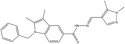 1-benzyl-N'-[(1,5-dimethyl-1H-pyrazol-4-yl)methylene]-2,3-dimethyl-1H-indole-5-carbohydrazide 结构式