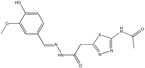 N-(5-{2-[2-(4-hydroxy-3-methoxybenzylidene)hydrazino]-2-oxoethyl}-1,3,4-thiadiazol-2-yl)acetamide,,结构式