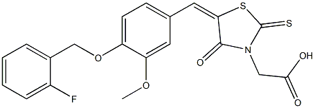 (5-{4-[(2-fluorobenzyl)oxy]-3-methoxybenzylidene}-4-oxo-2-thioxo-1,3-thiazolidin-3-yl)acetic acid Struktur