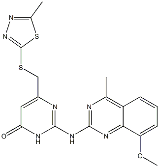 2-[(8-methoxy-4-methyl-2-quinazolinyl)amino]-6-{[(5-methyl-1,3,4-thiadiazol-2-yl)thio]methyl}-4(3H)-pyrimidinone 化学構造式