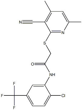 N-[2-chloro-5-(trifluoromethyl)phenyl]-2-[(3-cyano-4,6-dimethyl-2-pyridinyl)sulfanyl]acetamide Struktur