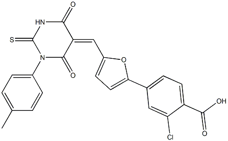 2-chloro-4-{5-[(1-(4-methylphenyl)-4,6-dioxo-2-thioxotetrahydro-5(2H)-pyrimidinylidene)methyl]-2-furyl}benzoic acid 结构式