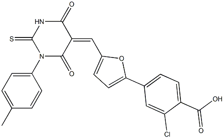 2-chloro-4-{5-[(1-(4-methylphenyl)-4,6-dioxo-2-thioxotetrahydro-5(2H)-pyrimidinylidene)methyl]-2-furyl}benzoic acid Struktur