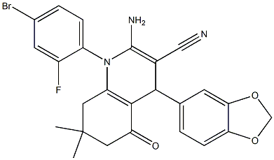 2-amino-4-(1,3-benzodioxol-5-yl)-1-(4-bromo-2-fluorophenyl)-7,7-dimethyl-5-oxo-1,4,5,6,7,8-hexahydro-3-quinolinecarbonitrile Structure