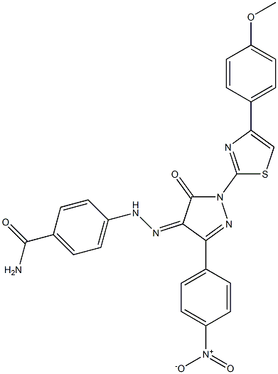 4-(2-{3-{4-nitrophenyl}-1-[4-(4-methoxyphenyl)-1,3-thiazol-2-yl]-5-oxo-1,5-dihydro-4H-pyrazol-4-ylidene}hydrazino)benzamide 结构式