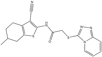 N-(3-cyano-6-methyl-4,5,6,7-tetrahydro-1-benzothien-2-yl)-2-([1,2,4]triazolo[4,3-a]pyridin-3-ylsulfanyl)acetamide 化学構造式