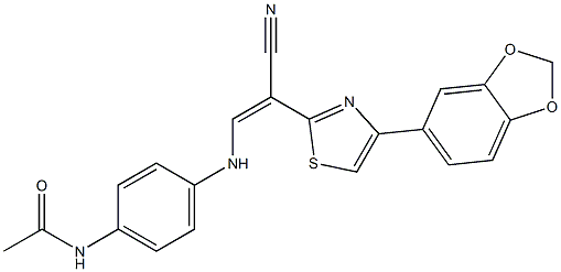 N-[4-({2-[4-(1,3-benzodioxol-5-yl)-1,3-thiazol-2-yl]-2-cyanovinyl}amino)phenyl]acetamide 化学構造式