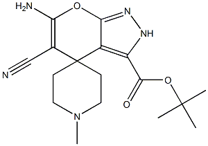 6-amino-5-cyano-2,4-dihydro-1'-methyl-3-tert-butoxycarbonylspiro[pyrano[2,3-c]pyrazole-4,4'-piperidine] 化学構造式