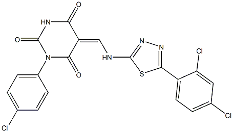 1-(4-chlorophenyl)-5-({[5-(2,4-dichlorophenyl)-1,3,4-thiadiazol-2-yl]amino}methylene)-2,4,6(1H,3H,5H)-pyrimidinetrione Structure