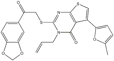 3-allyl-2-{[2-(1,3-benzodioxol-5-yl)-2-oxoethyl]sulfanyl}-5-(5-methyl-2-furyl)thieno[2,3-d]pyrimidin-4(3H)-one,,结构式