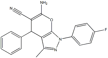 6-amino-1-(4-fluorophenyl)-3-methyl-4-phenyl-1,4-dihydropyrano[2,3-c]pyrazole-5-carbonitrile 化学構造式