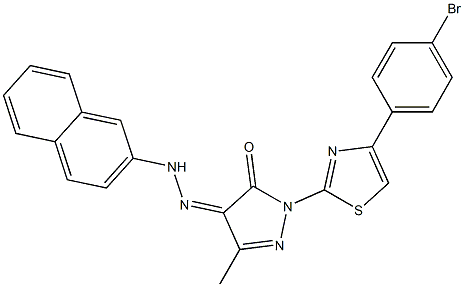 1-[4-(4-bromophenyl)-1,3-thiazol-2-yl]-3-methyl-1H-pyrazole-4,5-dione 4-[N-(2-naphthyl)hydrazone] 结构式