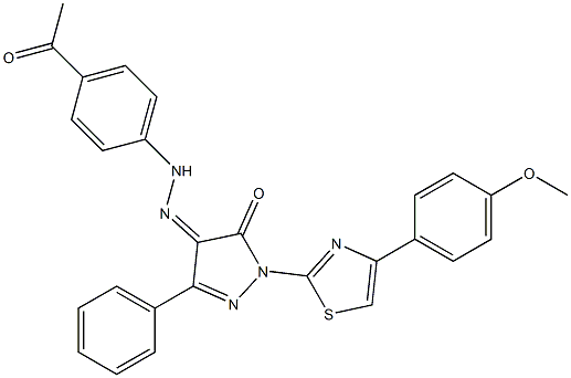 1-[4-(4-methoxyphenyl)-1,3-thiazol-2-yl]-3-phenyl-1H-pyrazole-4,5-dione 4-[N-(4-acetylphenyl)hydrazone] 结构式